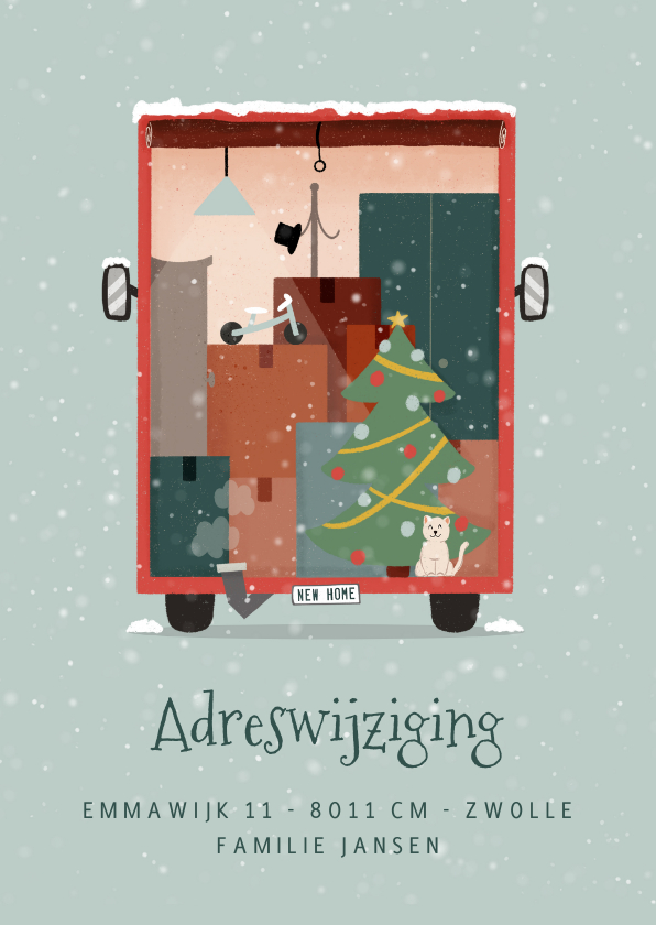 Kerst verhuiskaartje met verhuiswagen en kerstboom - Kerstkaarten Kerstkaarten - Kerst verhuiskaartje met verhuiswagen en kerstboom