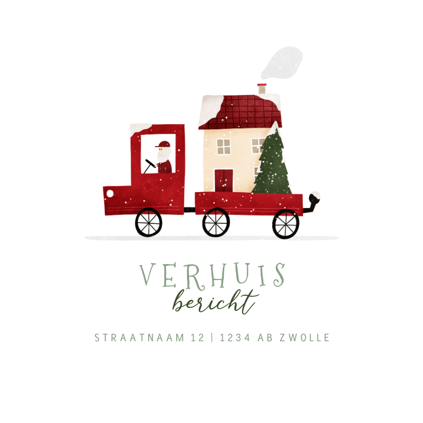 Kerstkaarten - Kerst-verhuiskaartje rood busje met huis en kerstboom