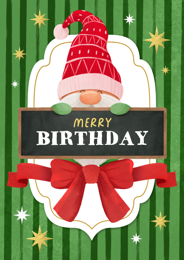 Kerst verjaardagskaart gnome kabouter strik merry birthday - Kerstkaarten Kerstkaarten - Kerst verjaardagskaart gnome kabouter strik merry birthday