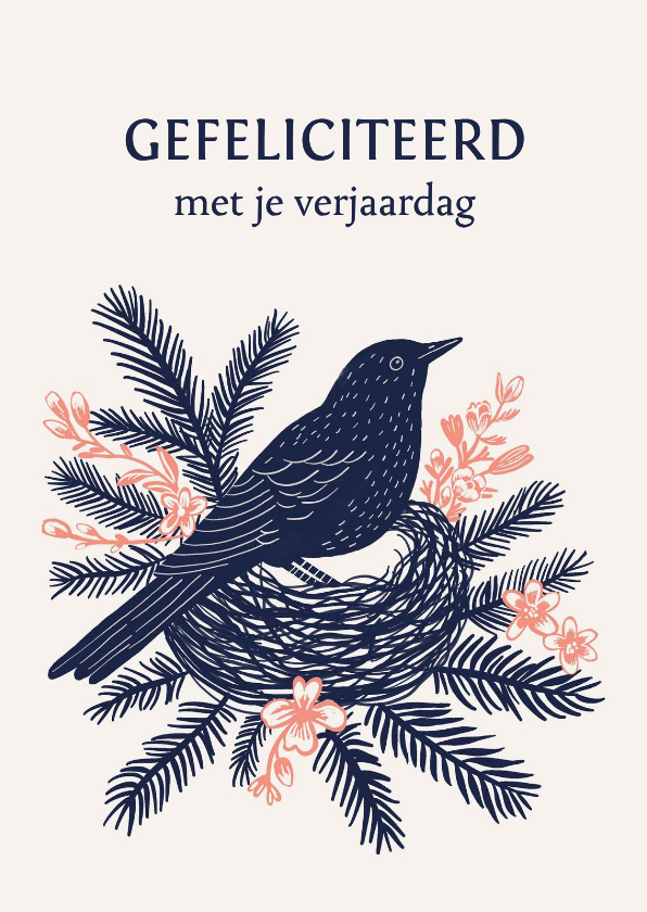 Kerst verjaardagskaart merel met dennentakken en bloesem - Kerstkaarten Kerstkaarten - Kerst verjaardagskaart merel met dennentakken en bloesem