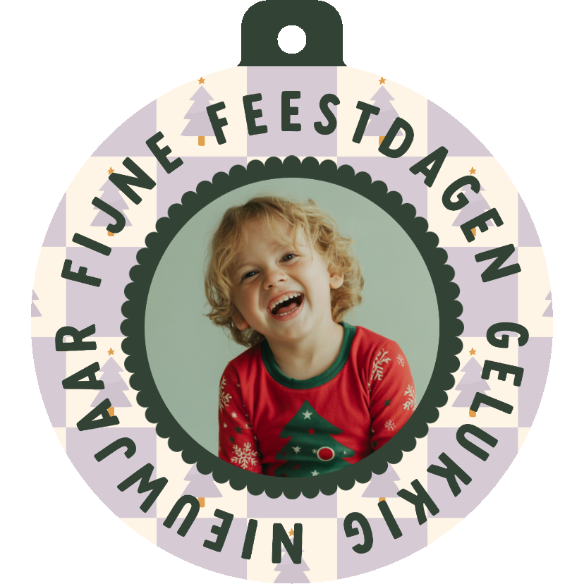 Kerstkaarten - Kerstbal foto kerstkaart lila blokjespatroon met kerstbomen