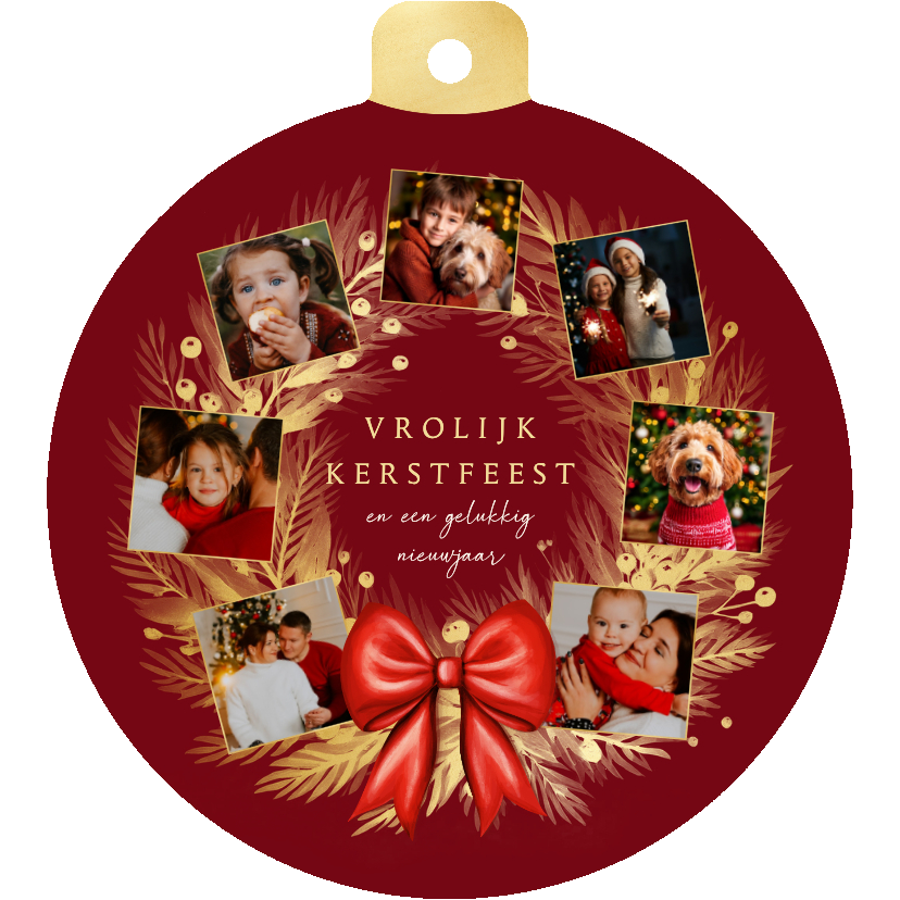 Kerstbal fotocollage gouden kerstkrans met rode strik - Kerstkaarten Kerstkaarten - Kerstbal fotocollage gouden kerstkrans met rode strik