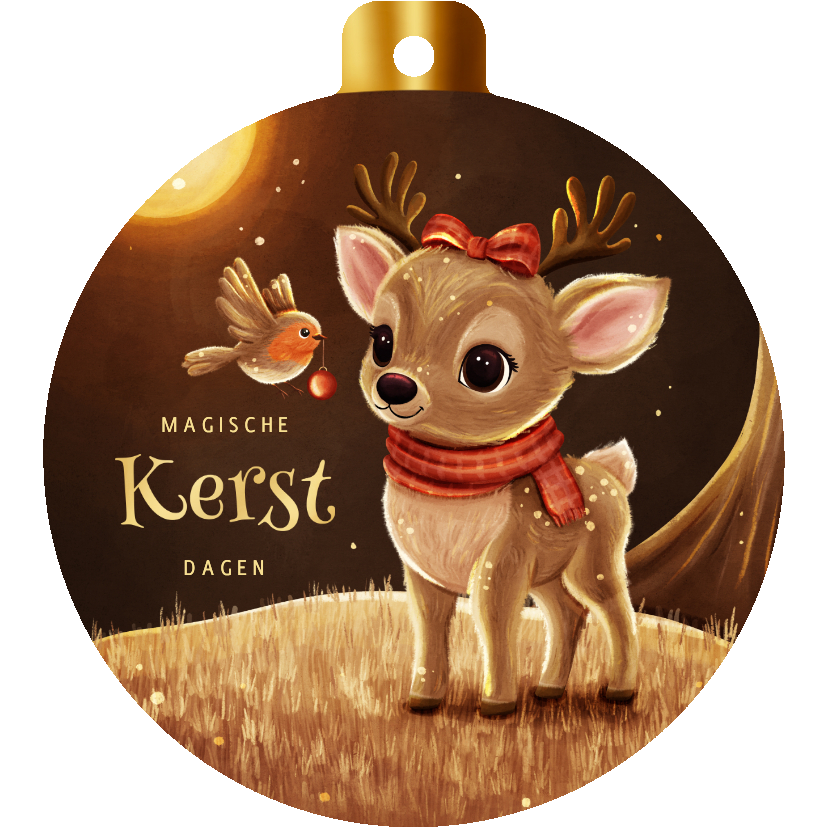 Kerstkaarten - Kerstbal kaart hert met roodborstje in sprankelend bos