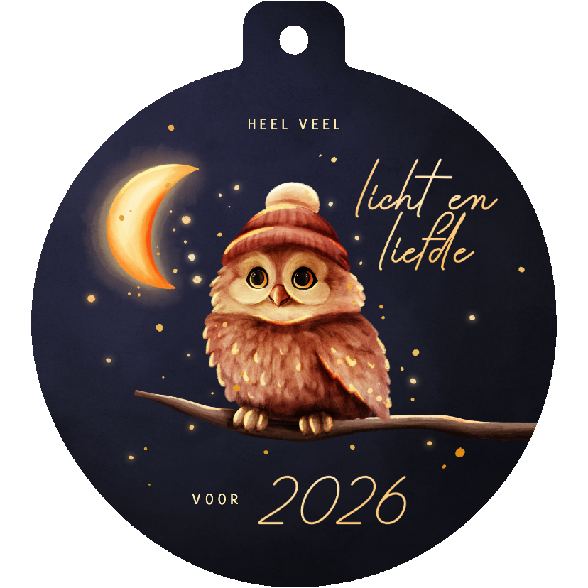 Kerstbal kerstkaart uiltje licht en liefde voor 2026 - Kerstkaarten Kerstkaarten - Kerstbal kerstkaart uiltje licht en liefde voor 2026