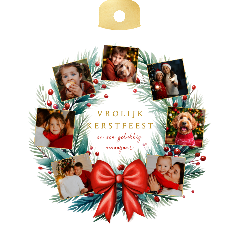 Kerstkaarten - Kerstbalkaart fotocollage met kerstkrans en rode strik