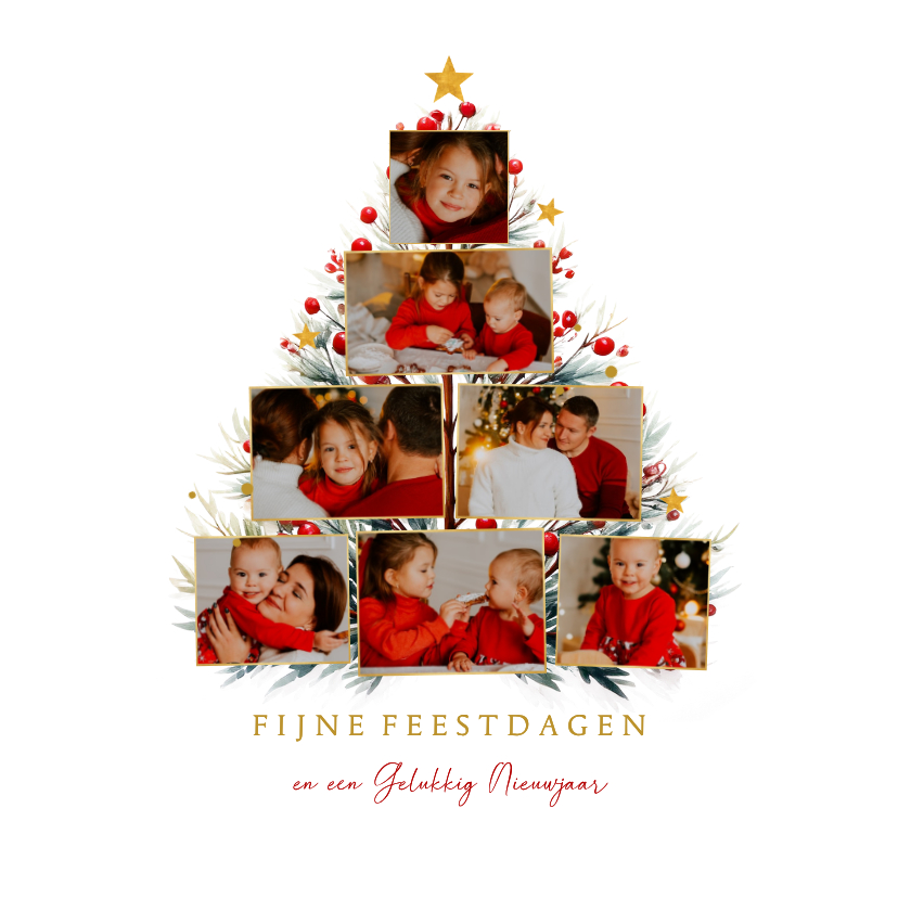 Kerstboomvorm fotocollage met takjes en sterren - Kerstkaarten Kerstkaarten - Kerstboomvorm fotocollage met takjes en sterren