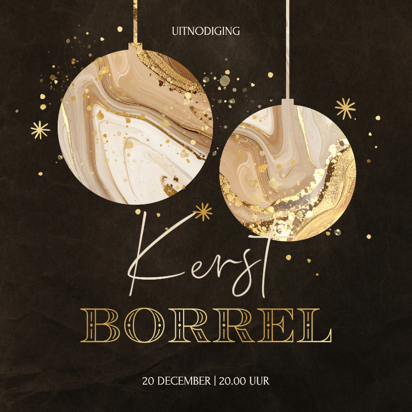 Kerstkaarten - Kerstborrel uitnodiging met marmer kerstballen