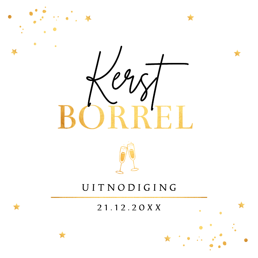 Kerstkaarten - Kerstborrel uitnodiging wit champagneglazen goudlook