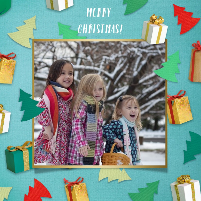 Kerstcadeautjes fotorand turquoise - Kerstkaarten Kerstkaarten - Kerstcadeautjes fotorand turquoise