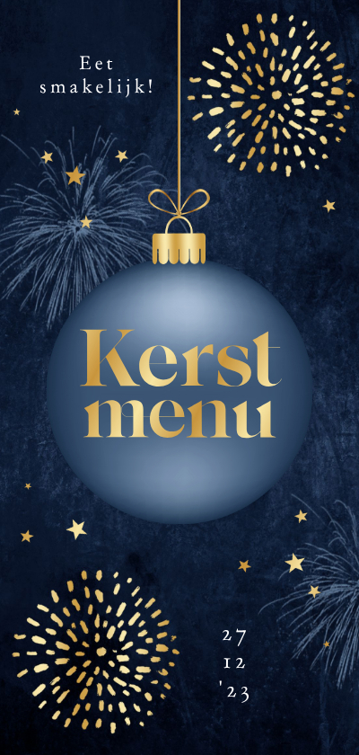 Kerstdiner menukaart kerstbal goud vuurwerk sterretjes - Kerstkaarten Kerstkaarten - Kerstdiner menukaart kerstbal goud vuurwerk sterretjes