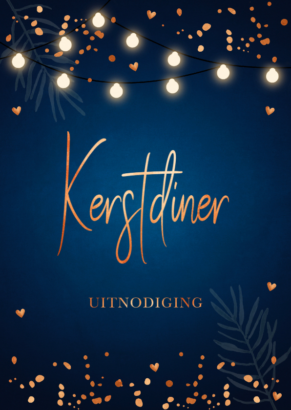 Kerstkaarten - Kerstdiner uitnodiging blauw confetti koperlook