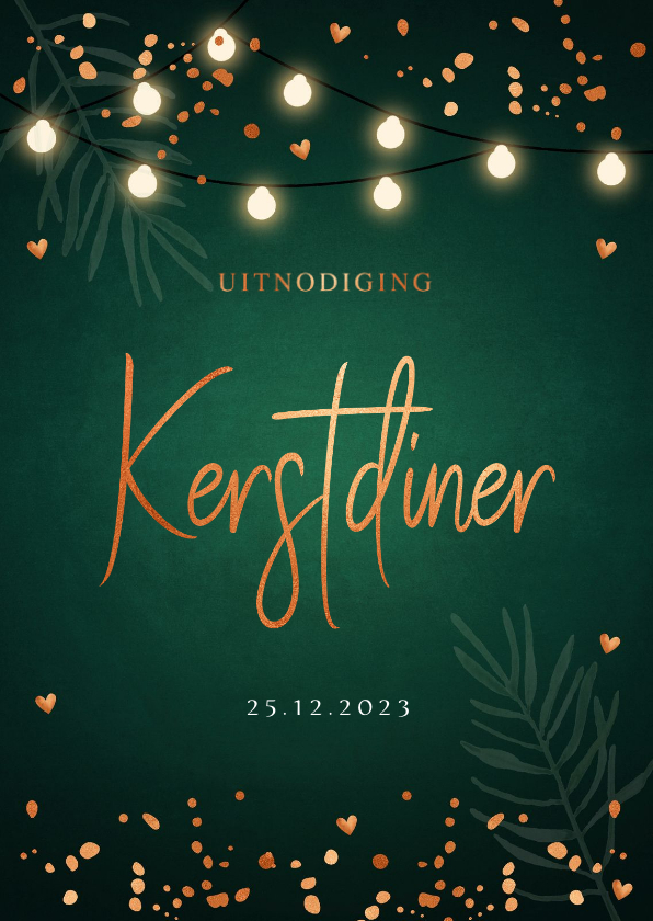 Kerstkaarten - Kerstdiner uitnodiging donkergroen confetti lampjes