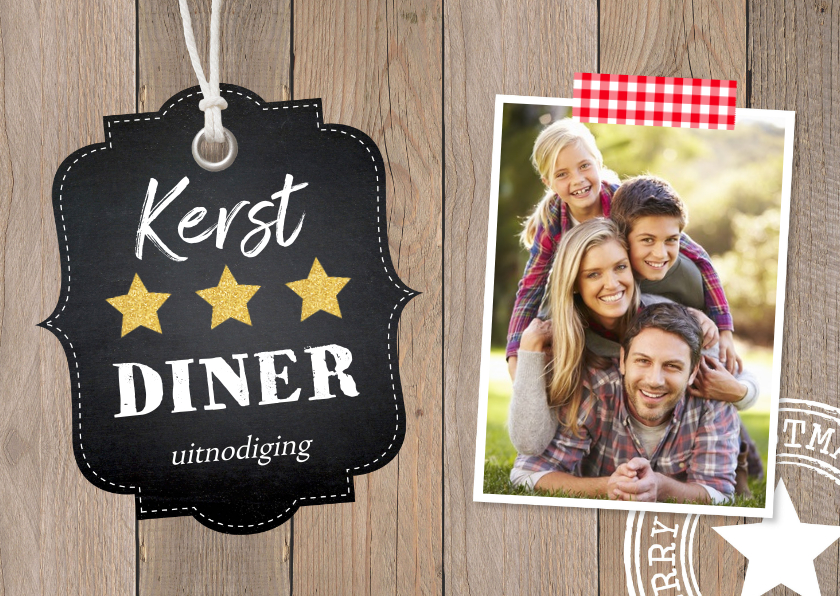 Kerstdiner uitnodiging foto label hout - LB - Kerstkaarten Kerstkaarten - Kerstdiner uitnodiging foto label hout - LB