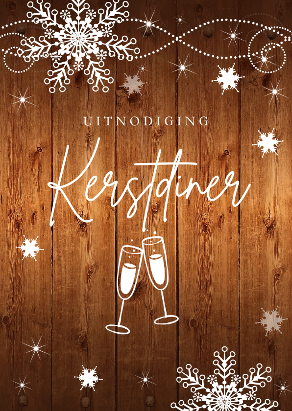 Kerstkaarten - Kerstdiner uitnodiging sneeuwvlokken houtlook