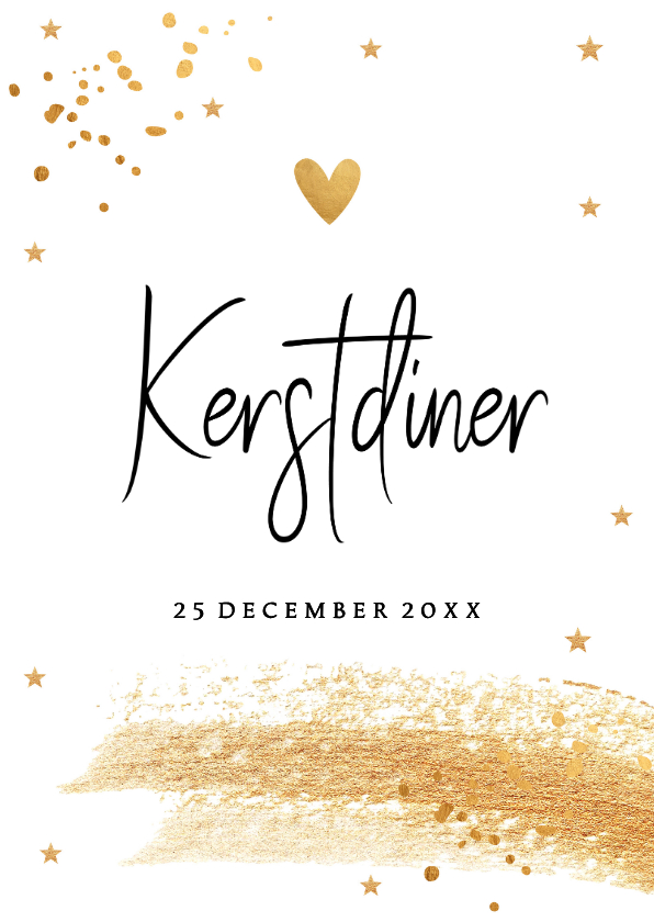 Kerstkaarten - Kerstdiner uitnodiging wit goudlook confetti brush
