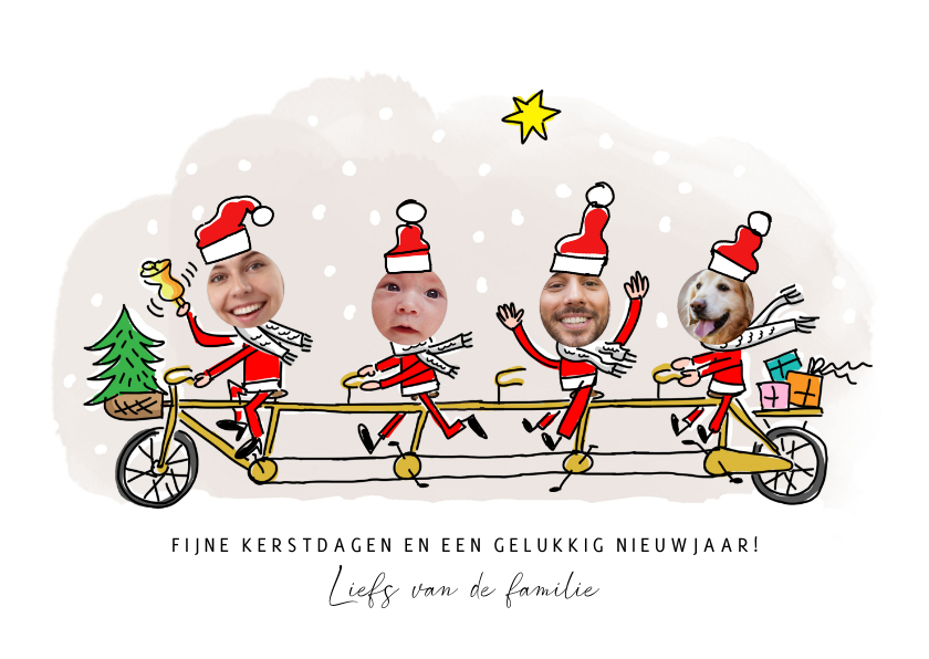 Kerstkaarten - kerstfamilie op de tandem met 4 foto's