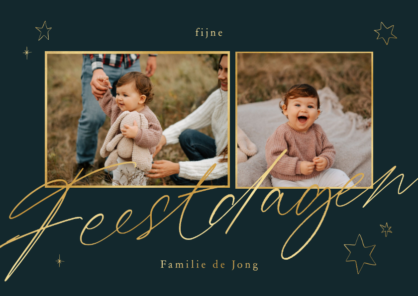 Kerstkaart 2 foto's Fijne Feestdagen goud met inkt sterren - Kerstkaarten Kerstkaarten - Kerstkaart 2 foto's Fijne Feestdagen goud met inkt sterren