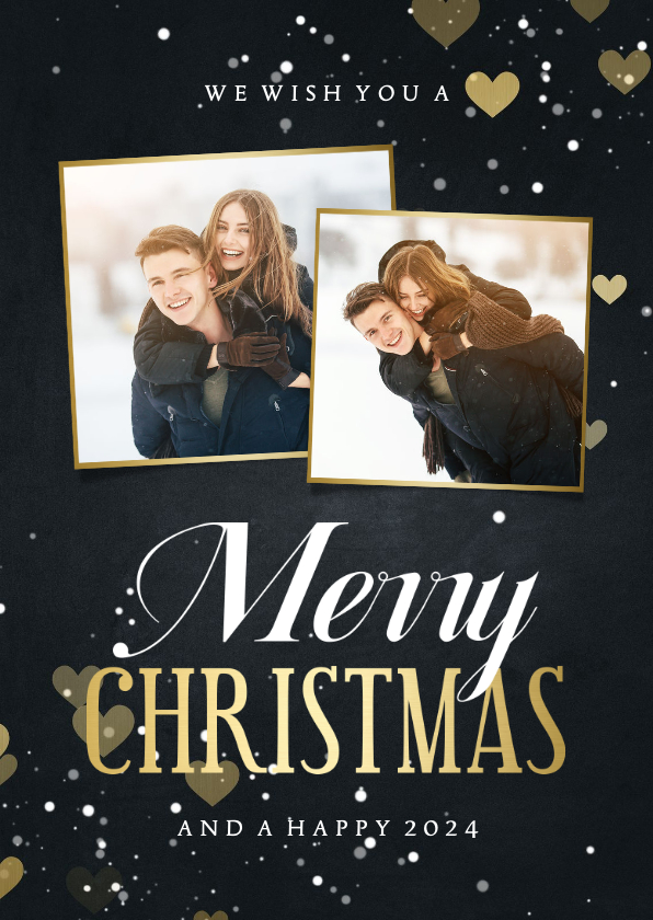 Kerstkaart 2 fotos merry christmas met hartjes - Kerstkaarten Kerstkaarten - Kerstkaart 2 fotos merry christmas met hartjes