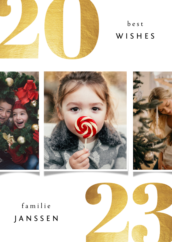 Kerstkaart 2022 best wishes goudlook met 3 foto's - Kerstkaarten Kerstkaarten - Kerstkaart 2022 best wishes goudlook met 3 foto's