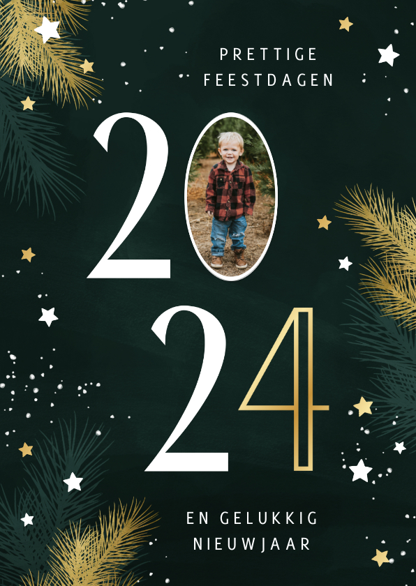Kerstkaart 2024 met foto kersttakjes en gouden Kaartje2go