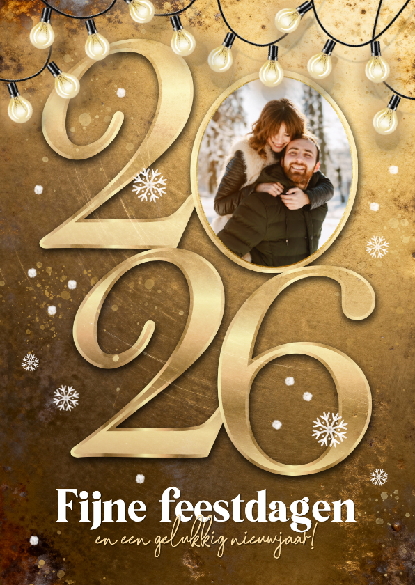 Kerstkaarten - Kerstkaart 2026 goud metaal kerst fijne feestdagen sneeuw