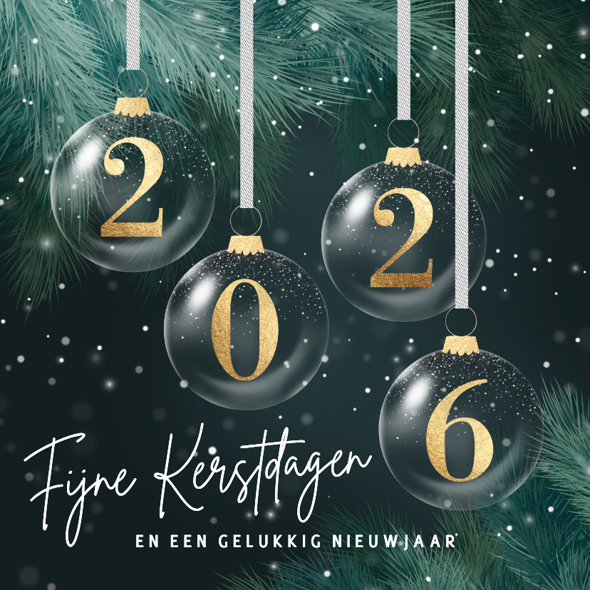 Kerstkaart 2026 gouden kerstballen groene takken - Kerstkaarten Kerstkaarten - Kerstkaart 2026 gouden kerstballen groene takken