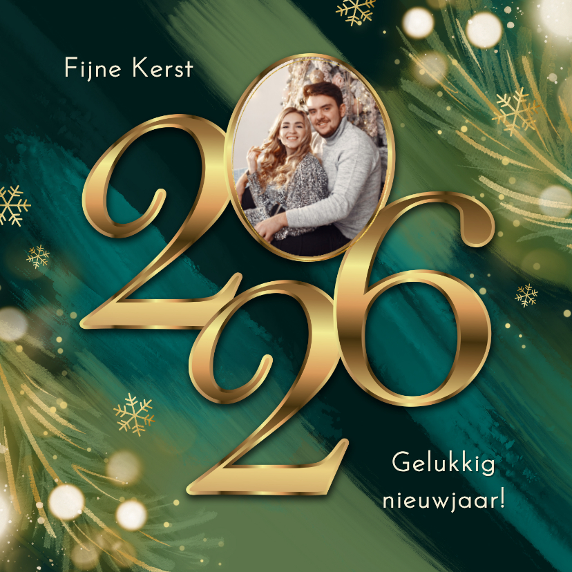 Kerstkaart 2026 jaartal goud verf rood blauw lichtjes foto - Kerstkaarten Kerstkaarten - Kerstkaart 2026 jaartal goud verf rood blauw lichtjes foto