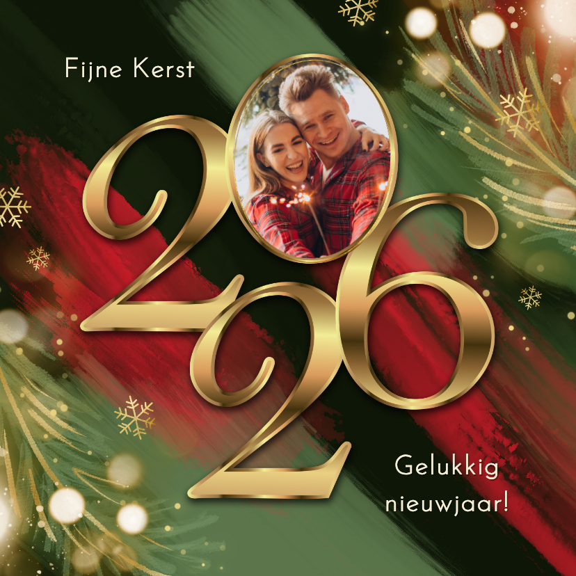 Kerstkaarten - Kerstkaart 2026 jaartal goud verf rood groen lichtjes foto