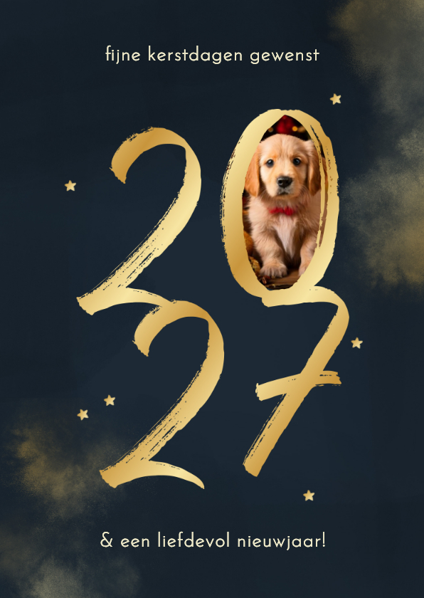 Kerstkaart 2027 goud met foto en sterretjes - Kerstkaarten Kerstkaarten - Kerstkaart 2027 goud met foto en sterretjes