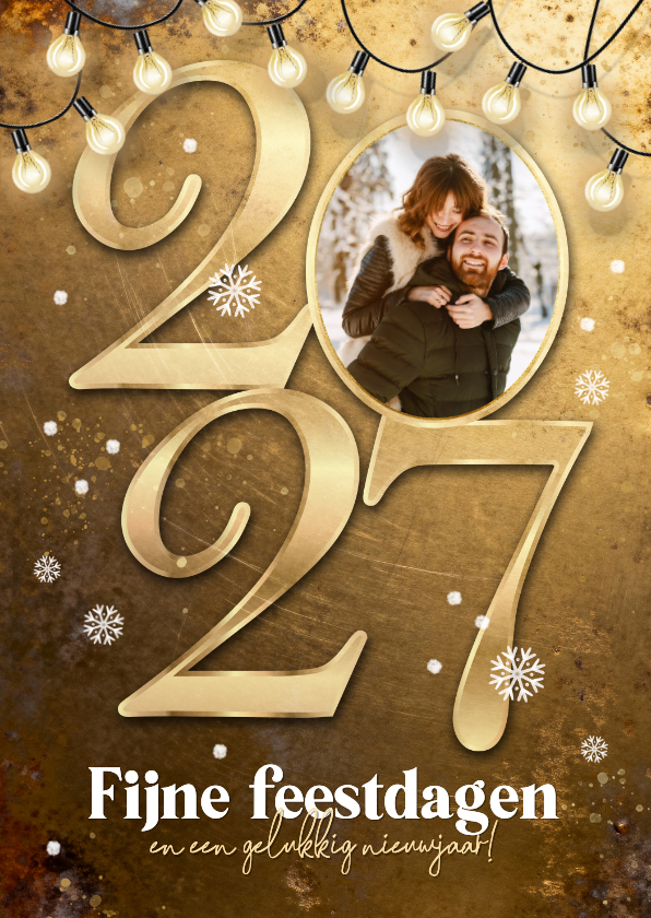 Kerstkaarten - Kerstkaart 2027 goud metaal kerst fijne feestdagen sneeuw