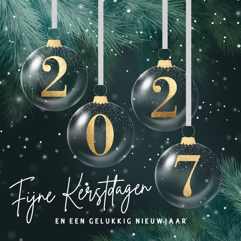 Kerstkaarten - Kerstkaart 2027 gouden kerstballen groene takken