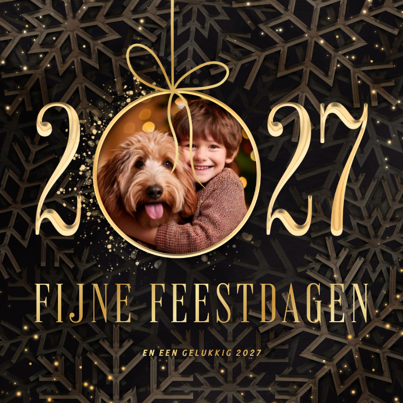 Kerstkaart 2027 met foto kerstbal en sneeuwvlokken - Kerstkaarten Kerstkaarten - Kerstkaart 2027 met foto kerstbal en sneeuwvlokken