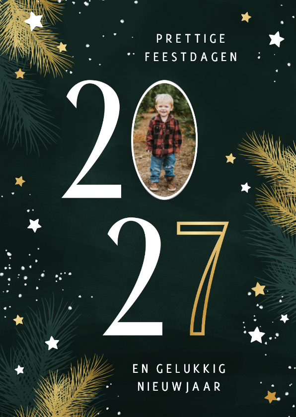 Kerstkaarten - Kerstkaart 2027 met foto kersttakjes en gouden sterren