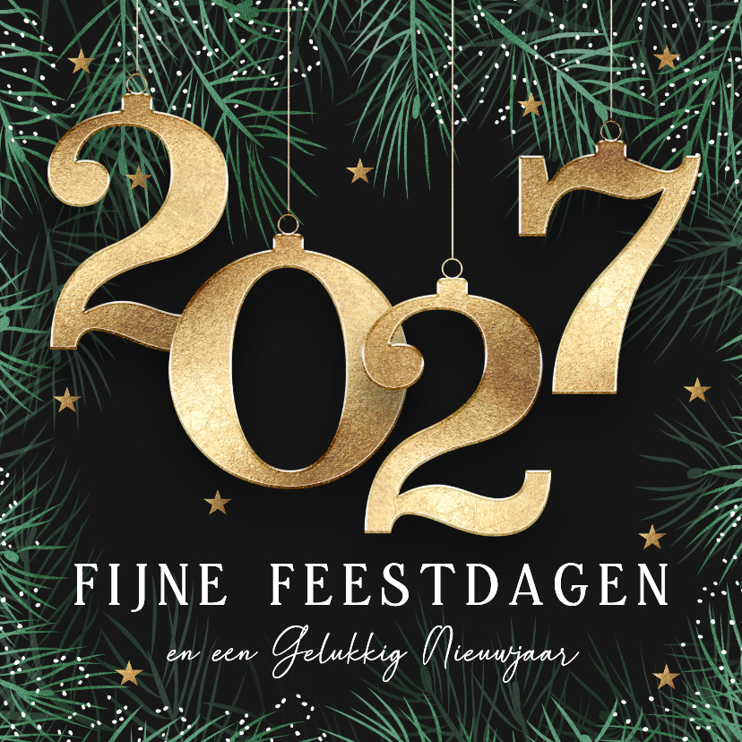 Kerstkaarten - Kerstkaart 2027 met kerstballen in goud