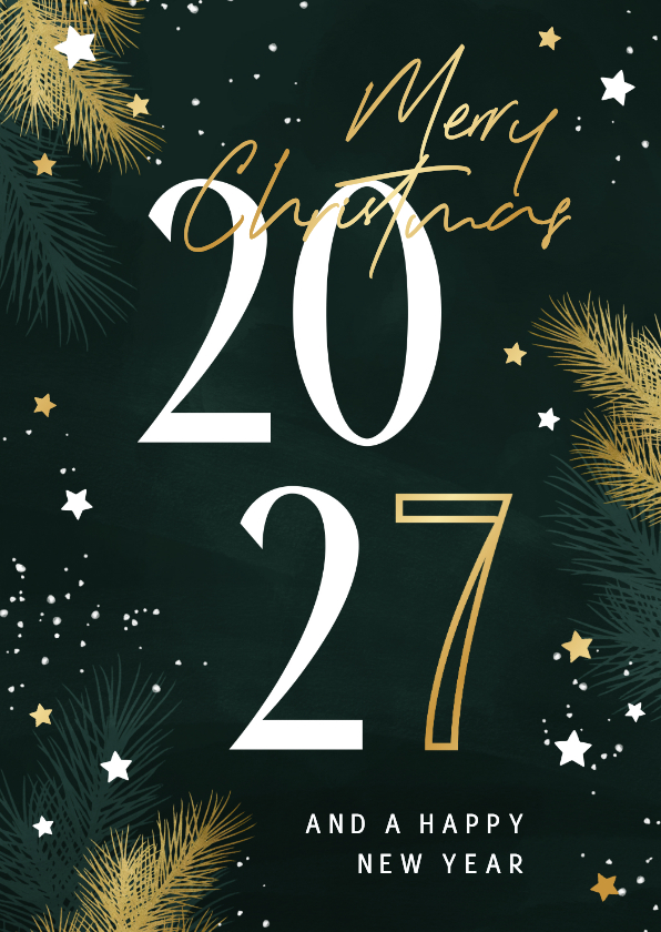 Kerstkaart 2027 met kersttakjes en gouden sterren - Kerstkaarten Kerstkaarten - Kerstkaart 2027 met kersttakjes en gouden sterren