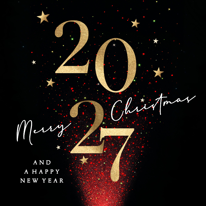 Kerstkaart 2027 rood sprankelende sterren - Kerstkaarten Kerstkaarten - Kerstkaart 2027 rood sprankelende sterren