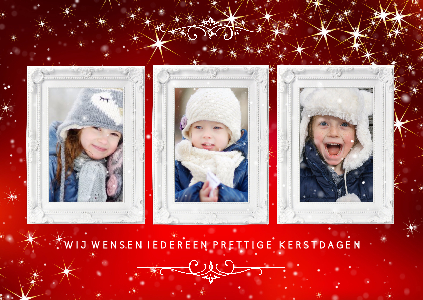 Kerstkaart 3 klassieke witte lijstjes op rode achtergrond - Kerstkaarten Kerstkaarten - Kerstkaart 3 klassieke witte lijstjes op rode achtergrond