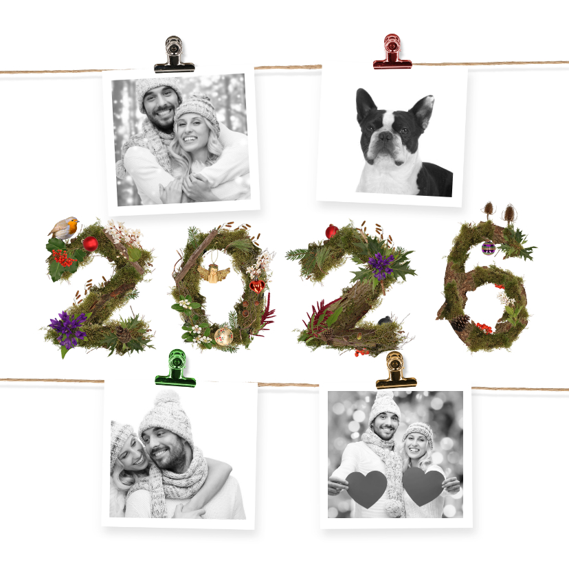 Kerstkaarten - Kerstkaart 4x foto aan jute touw 2026