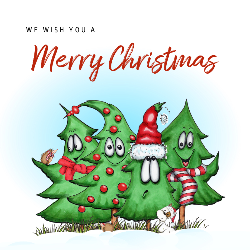 Kerstkaart allemaal kerstbomen samen egel en hondje - Kerstkaarten Kerstkaarten - Kerstkaart allemaal kerstbomen samen egel en hondje