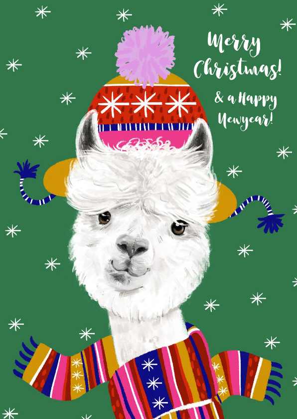 Kerstkaart alpaca winter kleurrijk sterren - Kerstkaarten Kerstkaarten - Kerstkaart alpaca winter kleurrijk sterren
