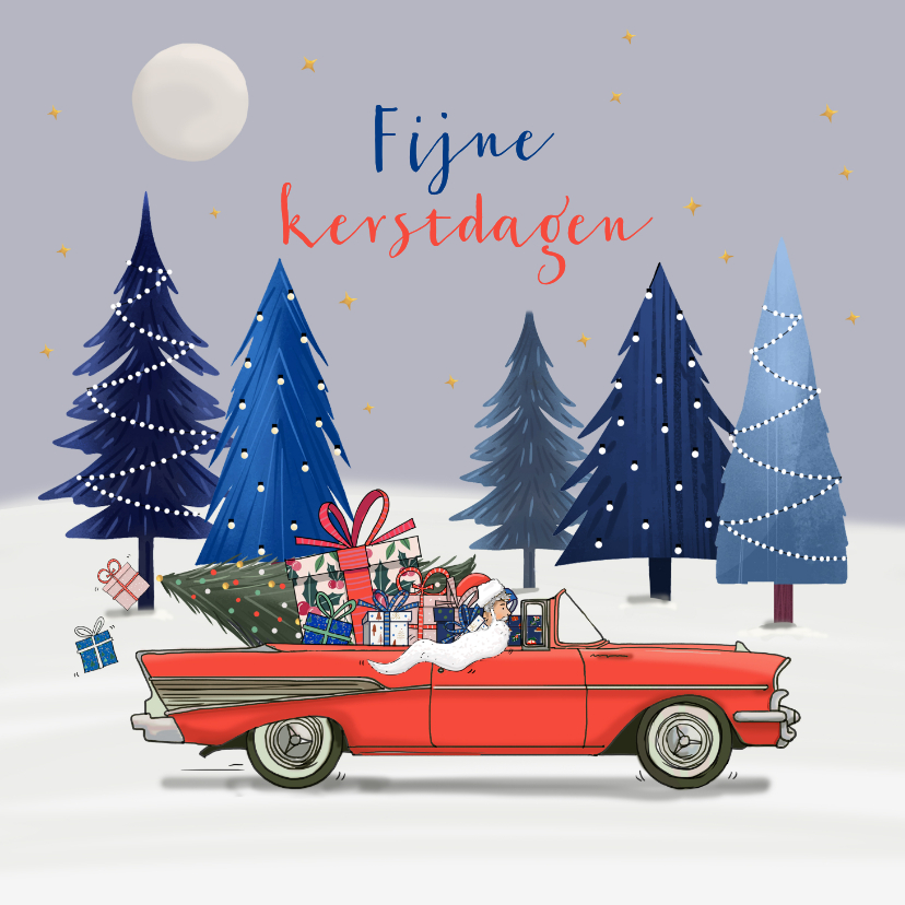 Kerstkaarten - Kerstkaart amerikaanse auto rood met kerstman