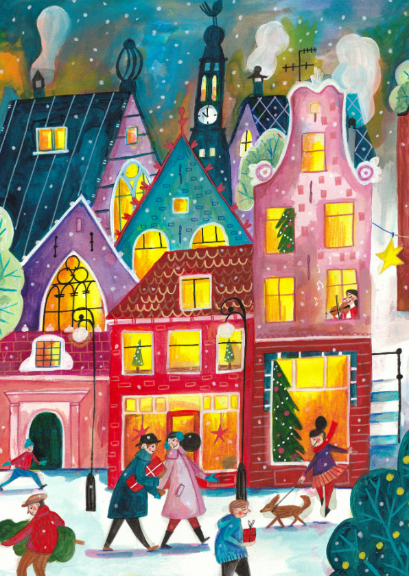Kerstkaart Amsterdam in de sneeuw illustratie - Kerstkaarten Kerstkaarten - Kerstkaart Amsterdam in de sneeuw illustratie