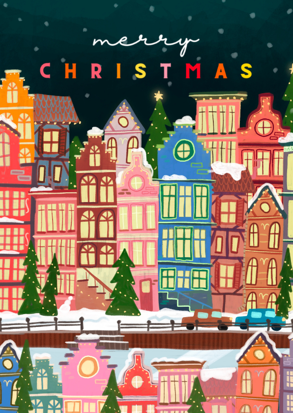 Kerstkaarten - Kerstkaart Amsterdamse kersthuisjes gekleurd