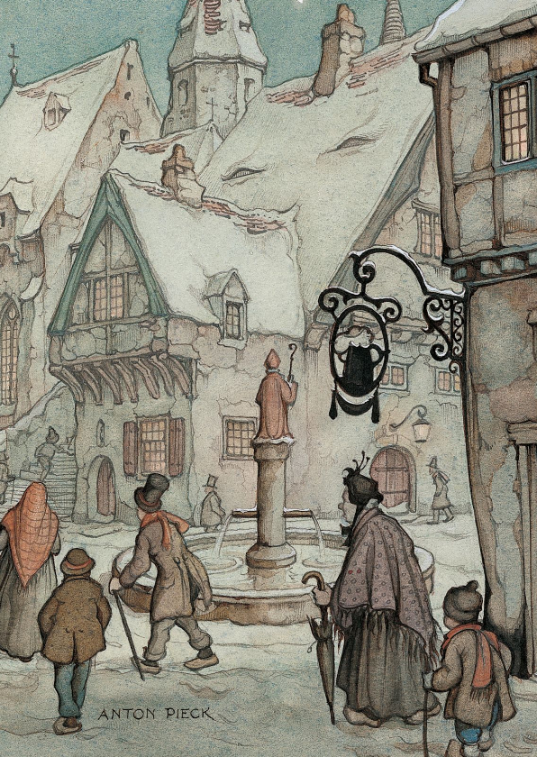 Kerstkaart - Anton Pieck winter plein met fontein - Kerstkaarten Kerstkaarten - Kerstkaart - Anton Pieck winter plein met fontein