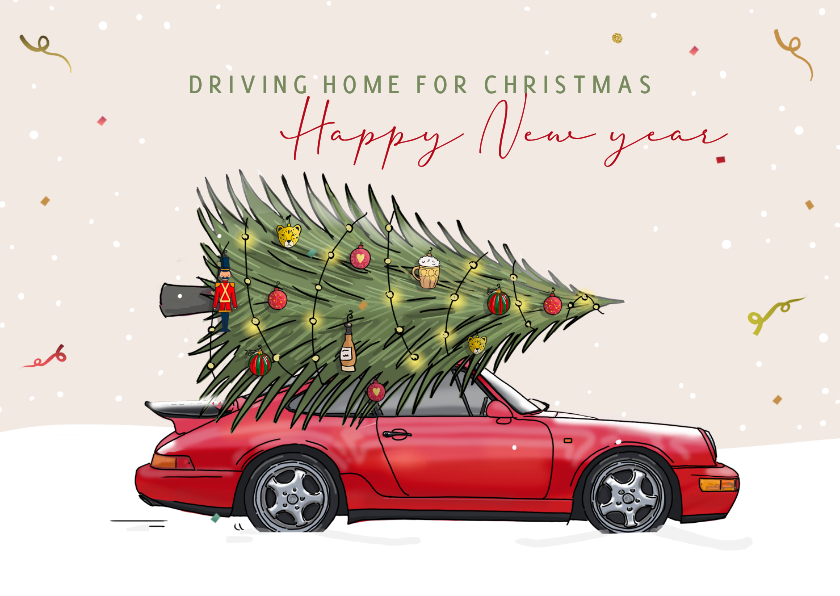 Kerstkaarten - Kerstkaart auto Porsche rood met kerstboom