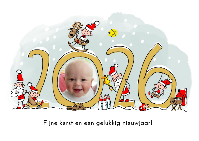 Kerstkaart baby's eerste kerst met jaartal en kerstkindjes - Kerstkaarten Kerstkaarten - Kerstkaart baby's eerste kerst met jaartal en kerstkindjes
