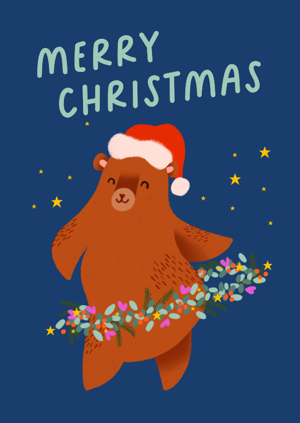Kerstkaart beer kerstkrans sterren - Kerstkaarten Kerstkaarten - Kerstkaart beer kerstkrans sterren