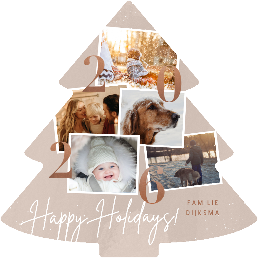 Kerstkaarten - Kerstkaart beige fotocollage met jaartal 2026 happy holidays
