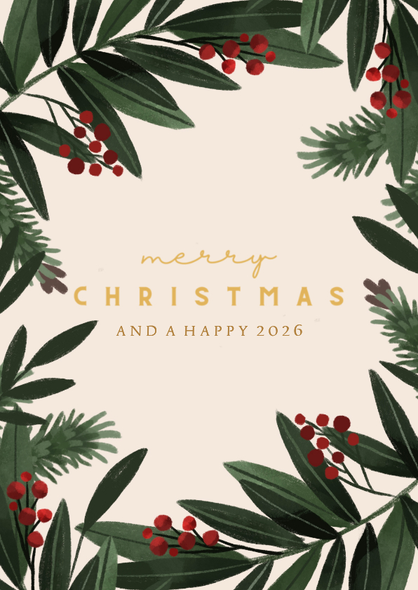 Kerstkaart beige kersttakken rechthoek - Kerstkaarten Kerstkaarten - Kerstkaart beige kersttakken rechthoek