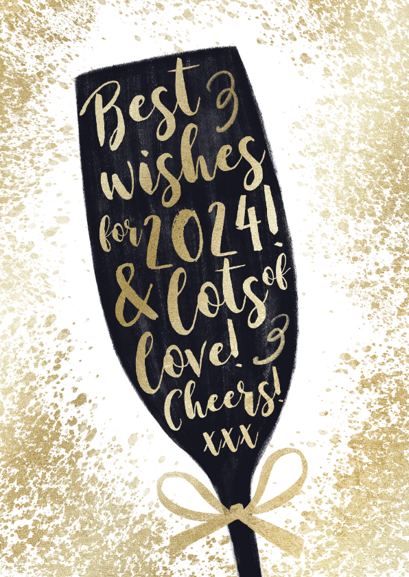 Kerstkaart 'Best Wishes' goudlook champagneglas strik - Kerstkaarten Kerstkaarten - Kerstkaart 'Best Wishes' goudlook champagneglas strik